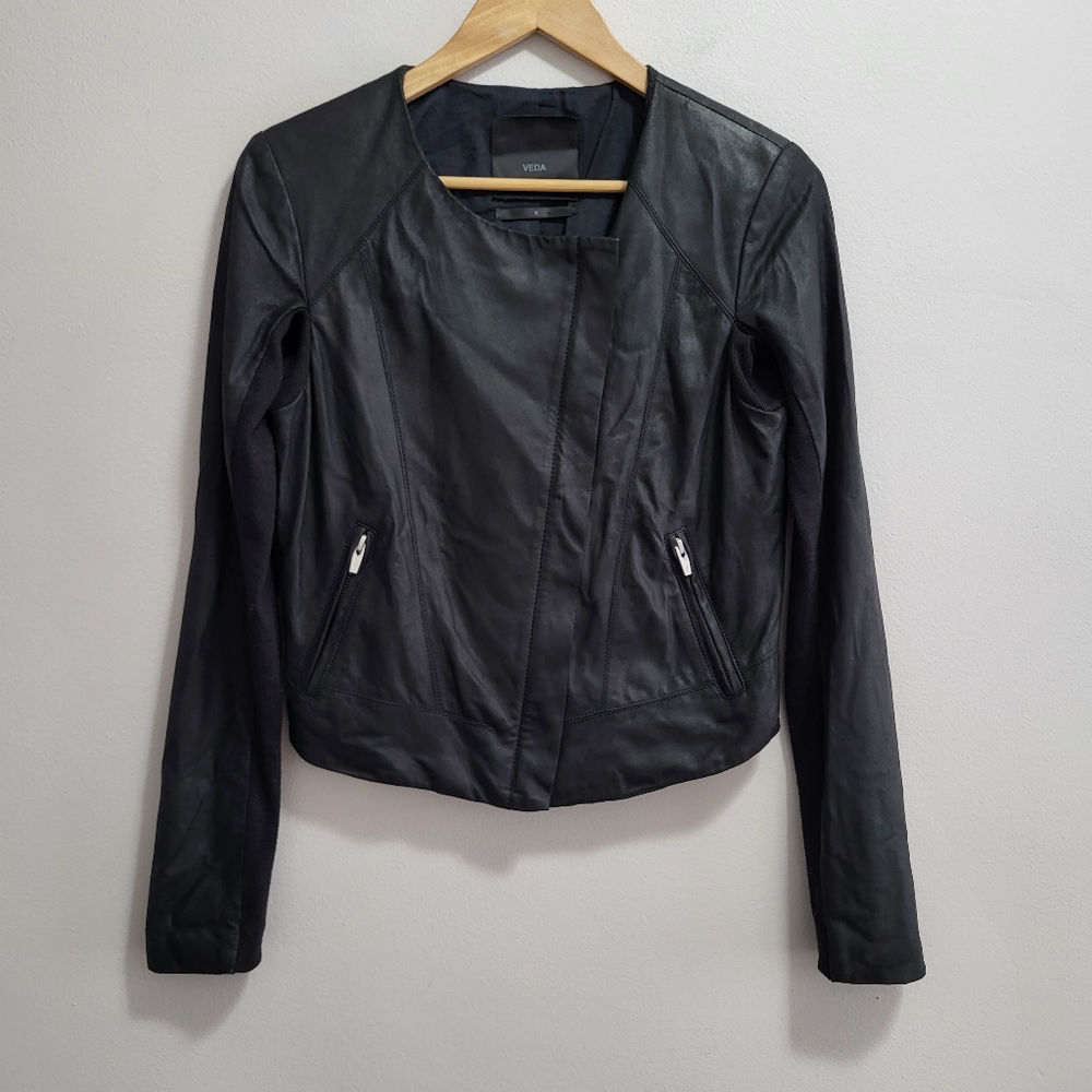 Veda Black Leather Moto Jacket